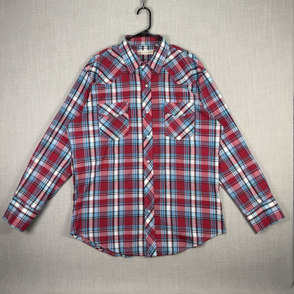 Roper Shirt Men's XL Western Button Down Red Blue Plaid Pearl Snap Cowboy Rodeo